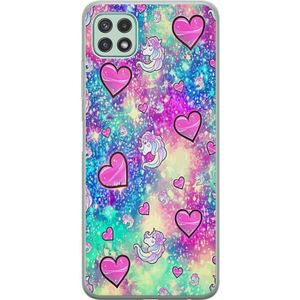 Samsung Galaxy A22 5G Läpinäkyvä Puhelinkotelo Enhörning och hjärtan