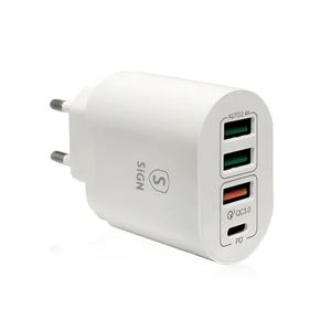 SiGN Hurtigoplader USB-C & 3xUSB-A, PD & QC 3.0, 36W - Hvid