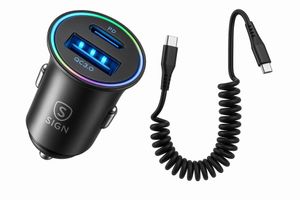SiGN 60W Billaddare med Upprullad USB-C till USB-C-kabel – Svart