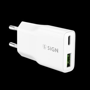 SiGN GaN Snabbladdare USB-A & USB-C, PD & QC3.0, 3A, 20W – Vit