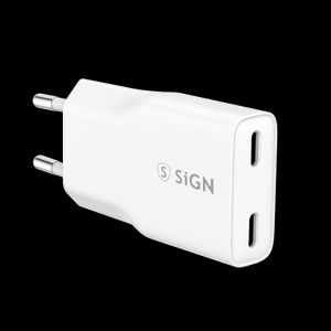 SiGN GaN Snabbladdare 2x USB-C, PD & QC3.0, 3A, 20W – Vit