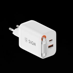 SiGN GaN Hurtigoplader USB-C/USB-A 65W med forlængeligt USB-C-kabel - Hvid