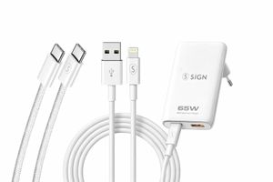 SiGN sammenleggbar ultratynn 65W GaN-lader – USB-C- og Lightning-kabler 2m, hvit