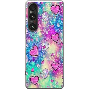 Sony Xperia 1 VI Transparent Mobilskal Enhörning och hjärtan