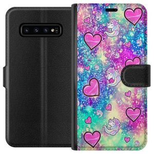 Samsung Galaxy S10 Sort Tegnebogsetui Enhörning och hjärtan
