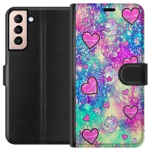 Samsung Galaxy S21 Sort Tegnebogsetui Enhörning och hjärtan
