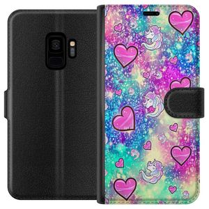 Samsung Galaxy S9 Svart Plånboksfodral Enhörning och hjärtan