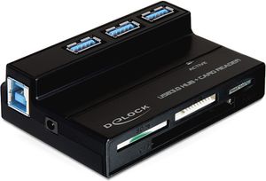 DeLOCK, USB 3.0 minneskortläsare och 3 portars hubb, 4 fack, svart