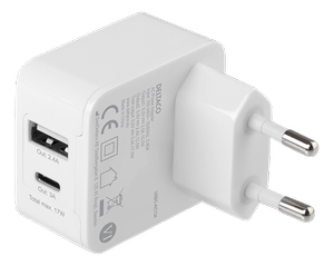 USB-C & USB-A, 17W vægoplader fra Deltaco - Hvidt