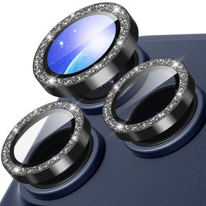 iPhone 18 Pro Linsskydd Metallring Härdat Glas Glitter - Svart