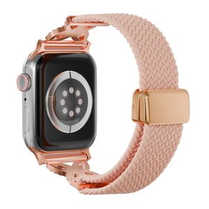Apple Watch 49/46/44/42mm Flätat Klockarmband i Nylon med Strass - Rosa